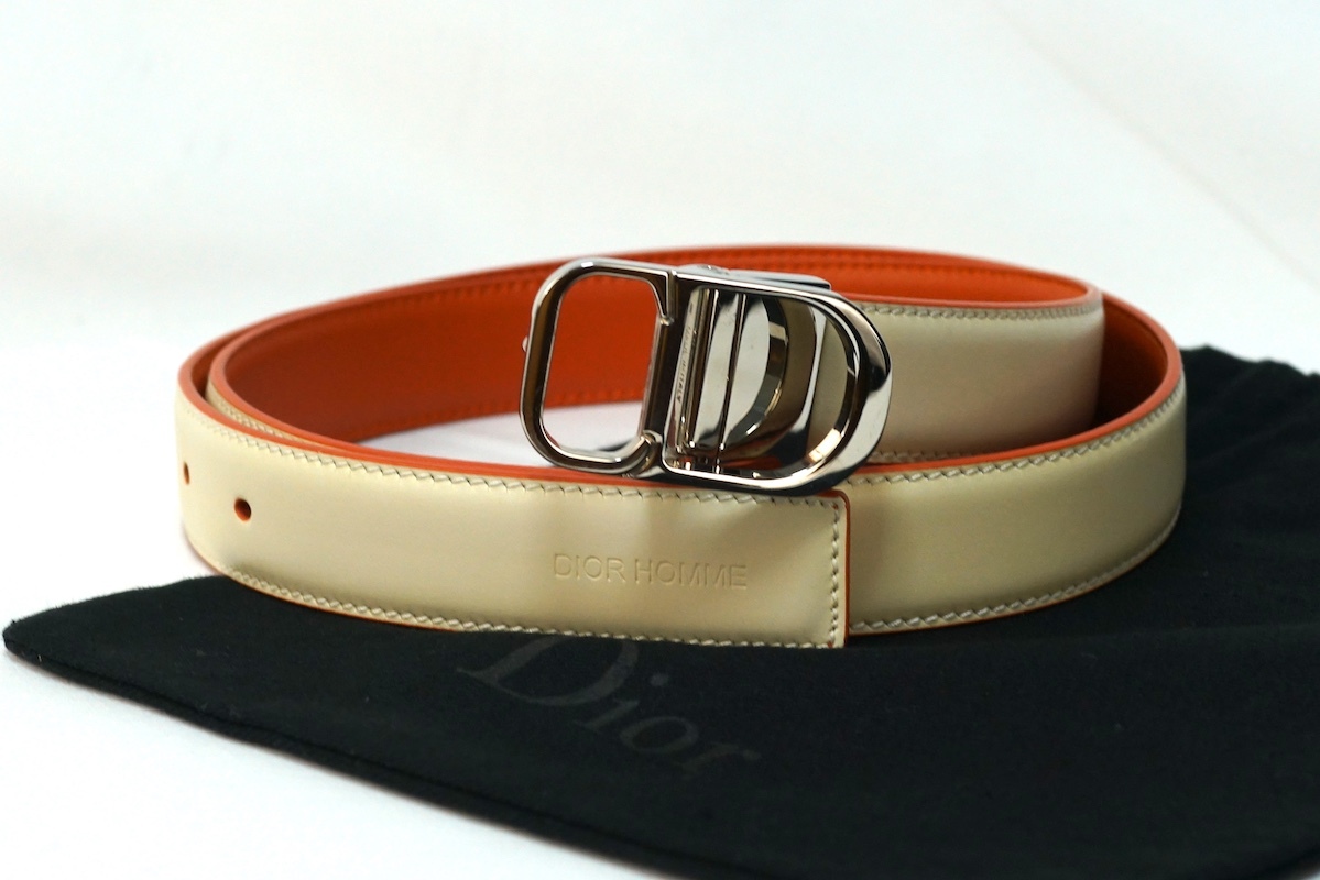 DIOR HOMME ディオールオム CDロゴ 25MM シルバーバックル リバーシブル レザー ベルト クリーム オレンジ 23‐MA-1125 4166PLXCZH062