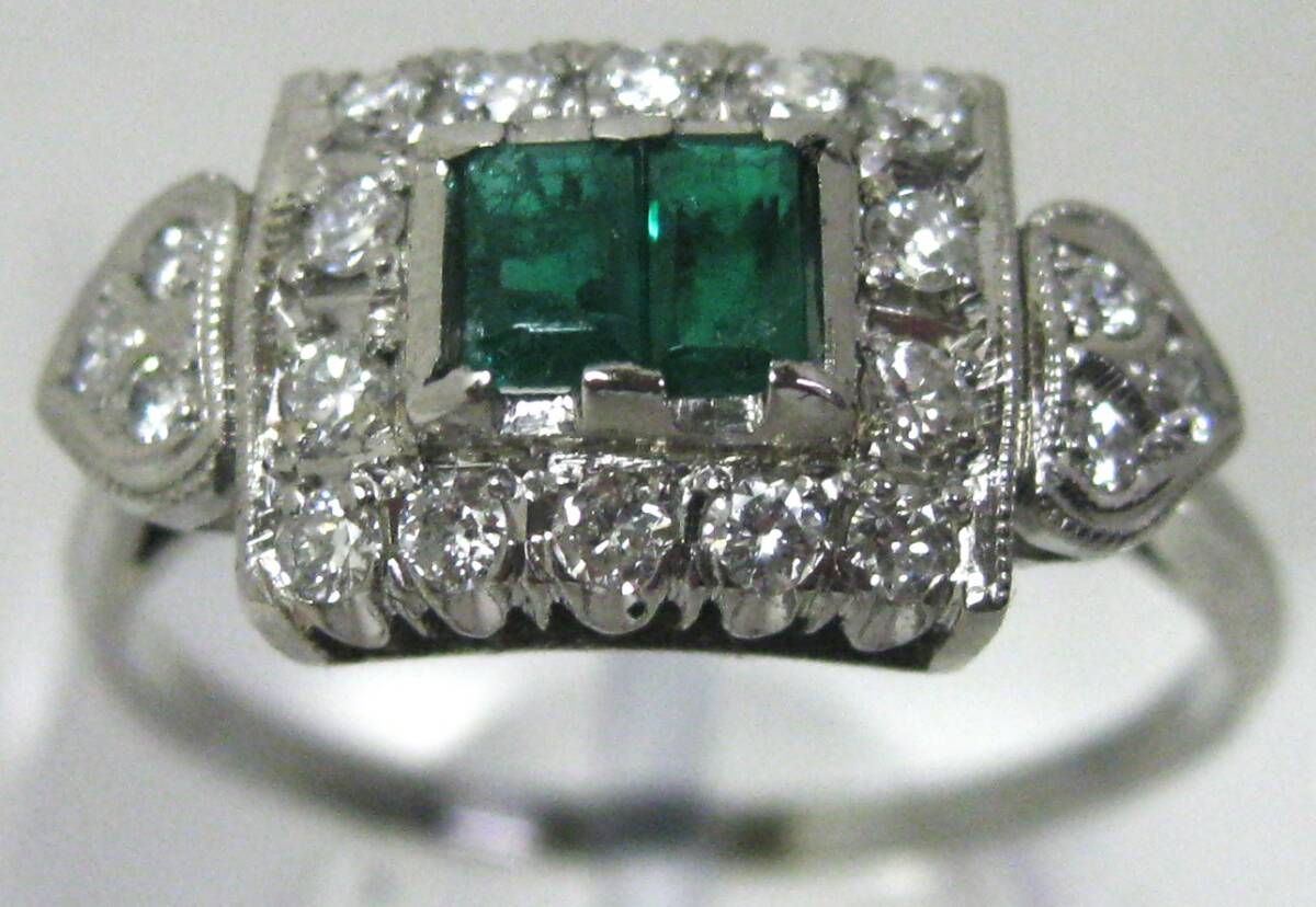 【東京 谷中 質屋おぢさん】アンティーク ジュエリー プラチナ リング エメラルド2ヶダイヤ入 サイズ#19
