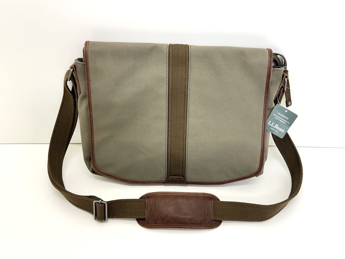 未使用 タグ付き L.L.Bean メッセンジャーバッグ カーキ　ブラウン キャンバス レザー ショルダーバッグ