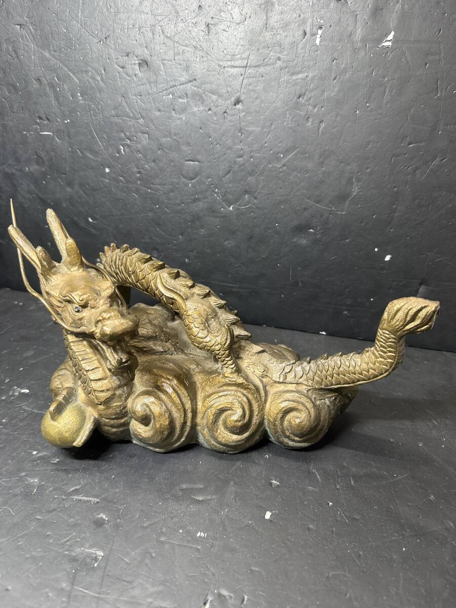 ★コレクター必見 金属工芸 放光 雲龍 辰 置物 約3.5㎏ 鉄製 古美術 金属細工 縁起物 飾り コレクション 現状品 Au460