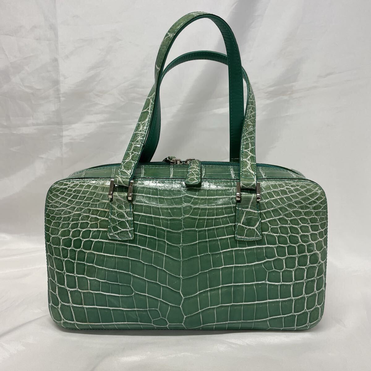 JRAマーク付 シャイニングクロコ ハンドバッグ 1-46【中古品】 緑 ワニ革 エキゾチックレザー