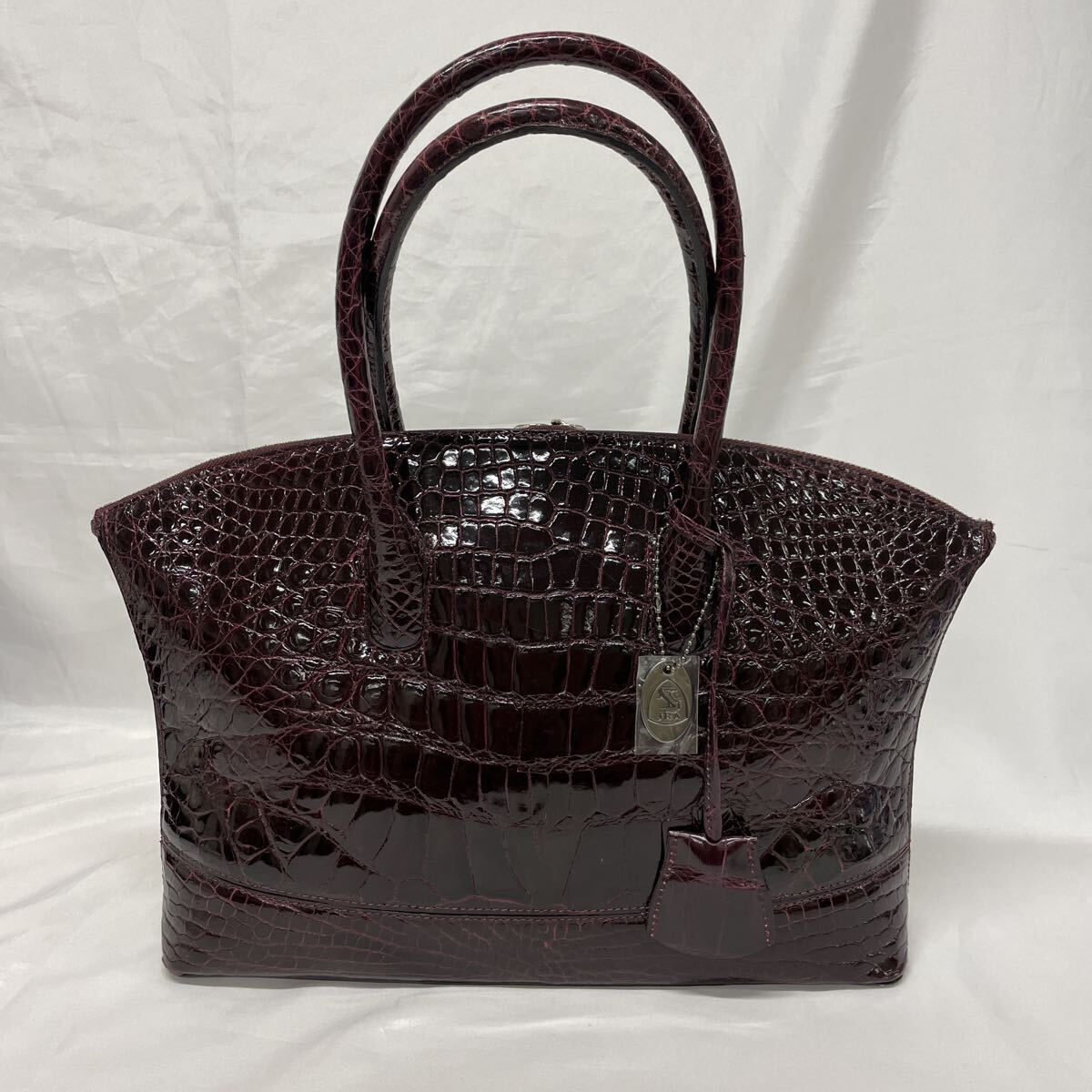 JRAマーク付 シャイニングクロコ ハンドバッグ 1-55【中古品】ワニ革 ボルドー エキゾチック レザー
