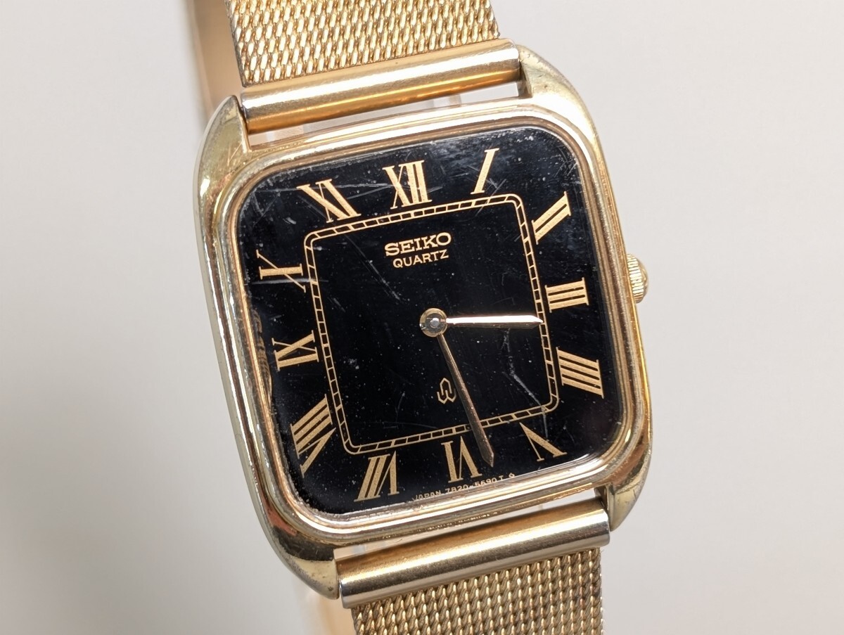 稼働品 SEIKO セイコー Chariot シャリオ 7820-5500 ブラック 文字盤 2針 クォーツ タンク メンズ 腕時計 アンティーク RS-921K/000