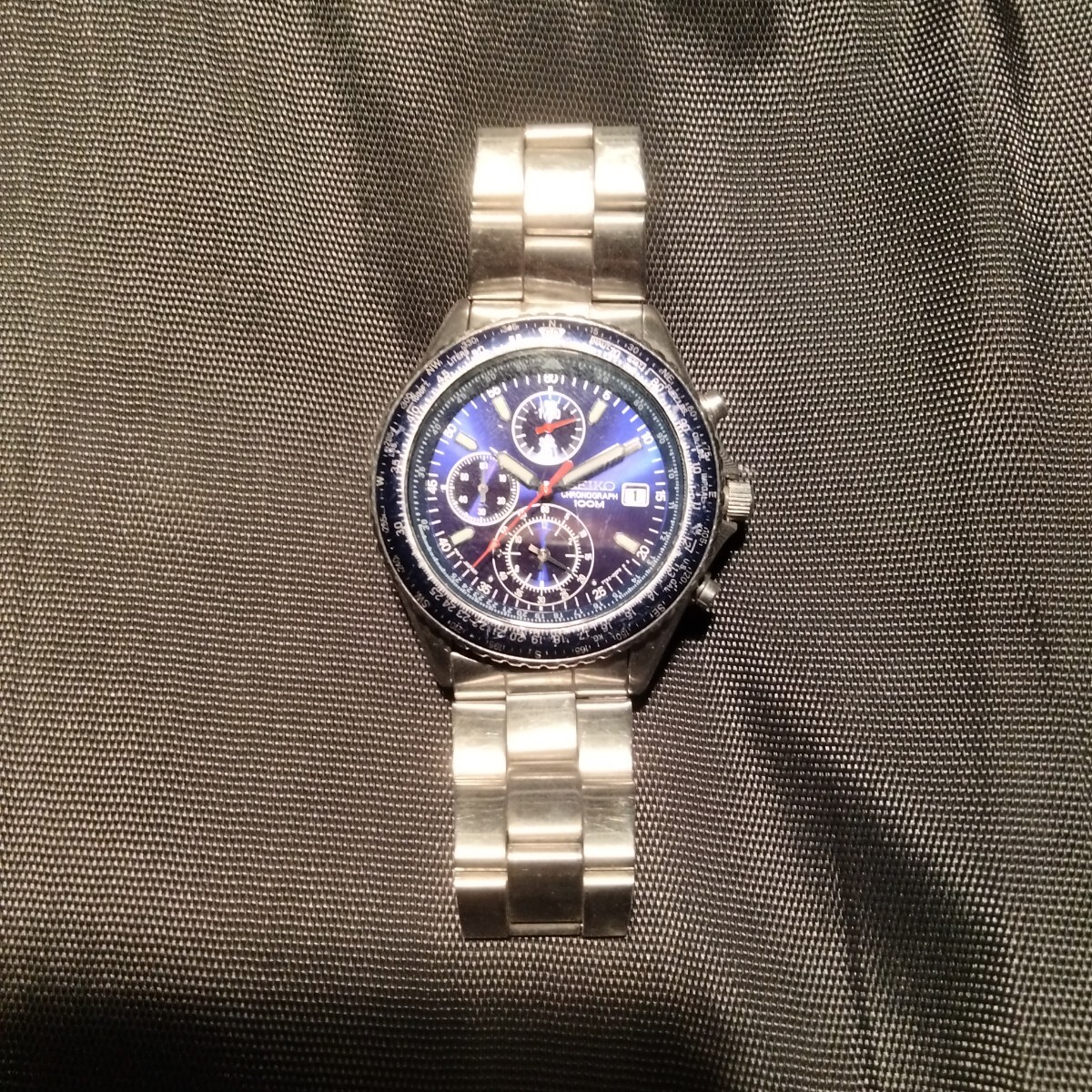 動作品 SEIKO【セイコー パイロットクロノ 7T92-0CF0 ブルーベゼル・ダイヤル】クォーツ　中古品