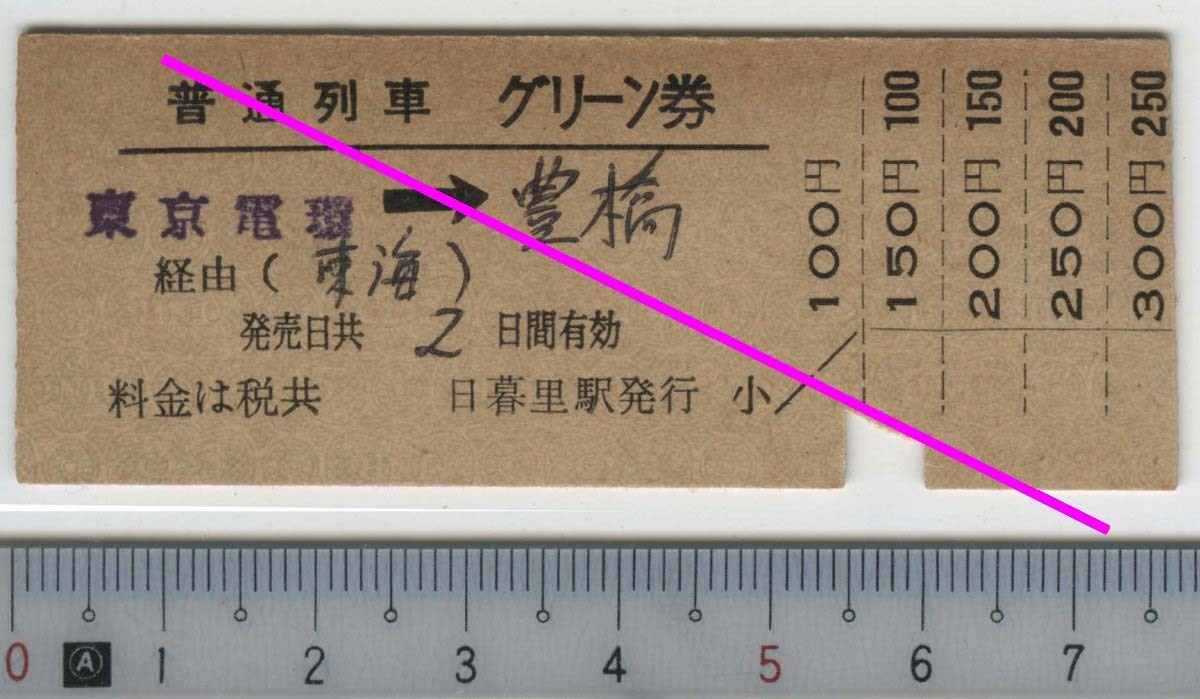 普通列車 グリーン券 東京電環→豊橋 国鉄★D型硬券 (端切り) 日付なし 日暮里駅発行 0225 (管理262)