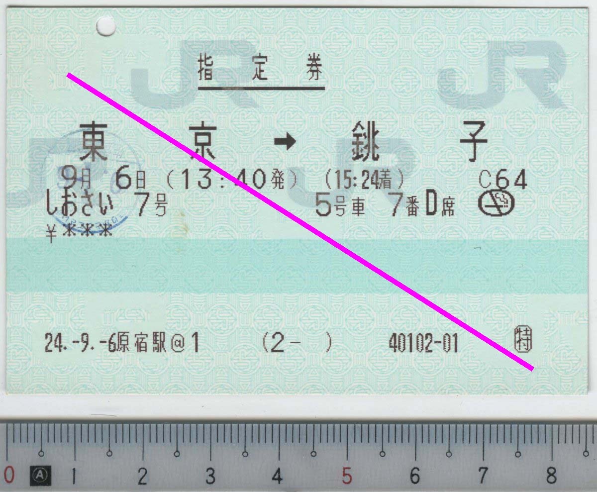 指定券 (指ノミ券) しおさい7号 東京→銚子 9月6日 JR東日本★85mmマルス券 24.-9.-6 原宿駅@1 (2- ) 40102-01 (管262)