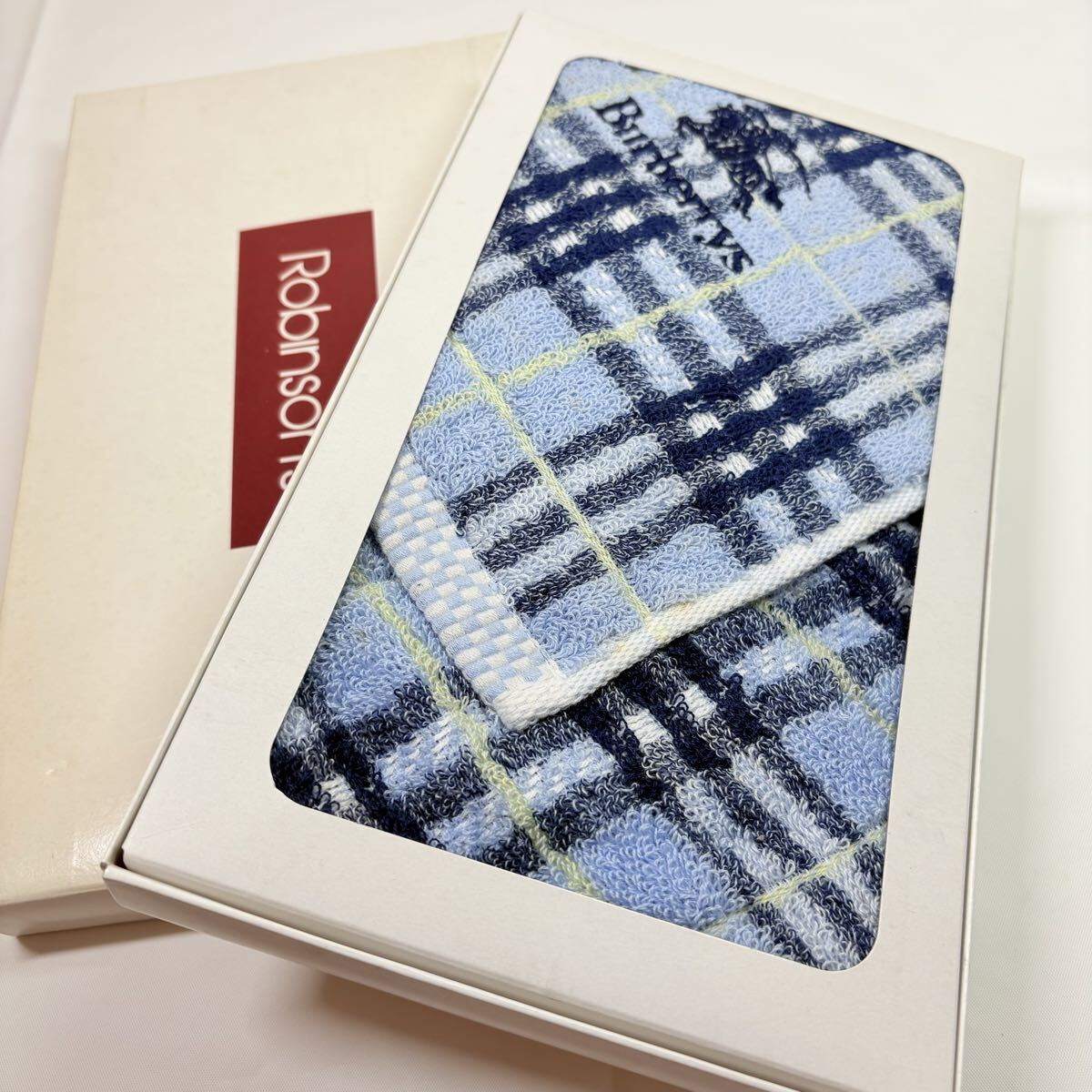 美品未使用品　 Burberrys BURBERRY フェイスタオル　ノバチェック　ブルー　ロビンソン百貨店　当時物　箱付き