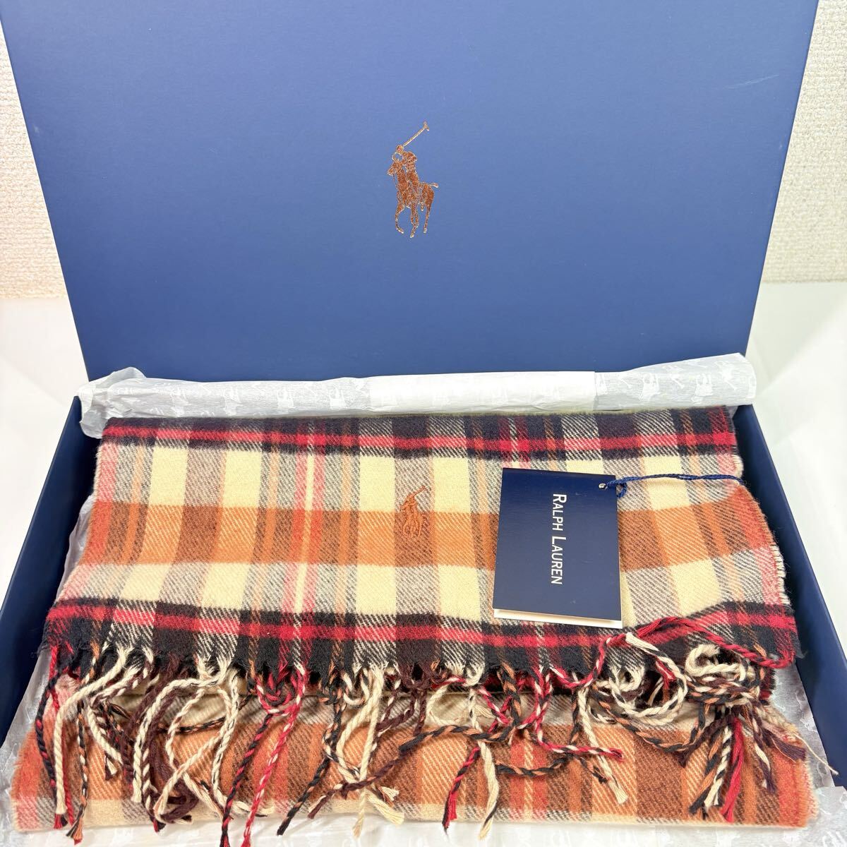 新品　 80s RALPH LAUREN ラルフローレン　フランス製　チェックマフラー　約160×30cm 