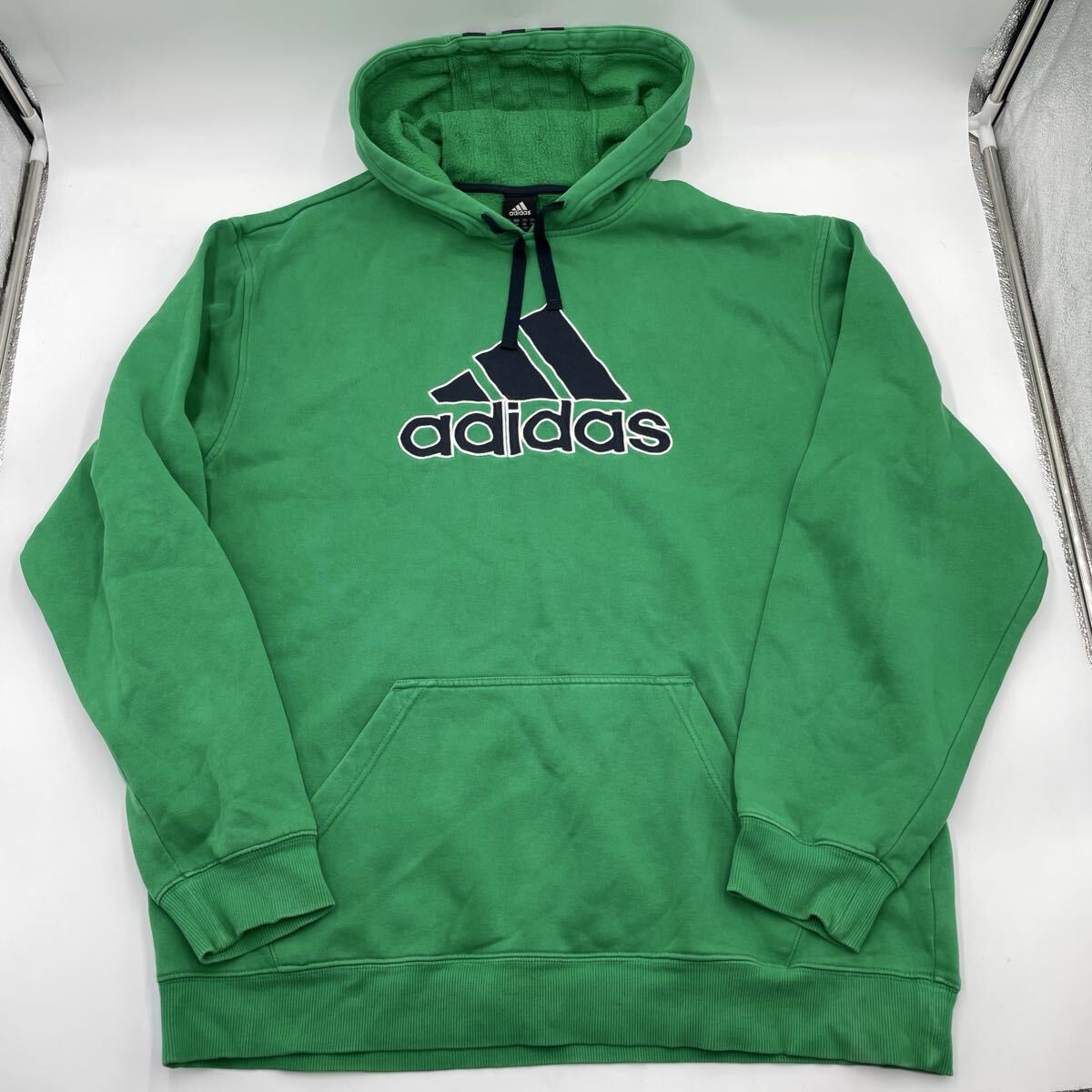 【希少サイズ】adidas アディダス パーカー フーディー ビッグロゴ 古着 グリーン 6XO 大きいサイズ