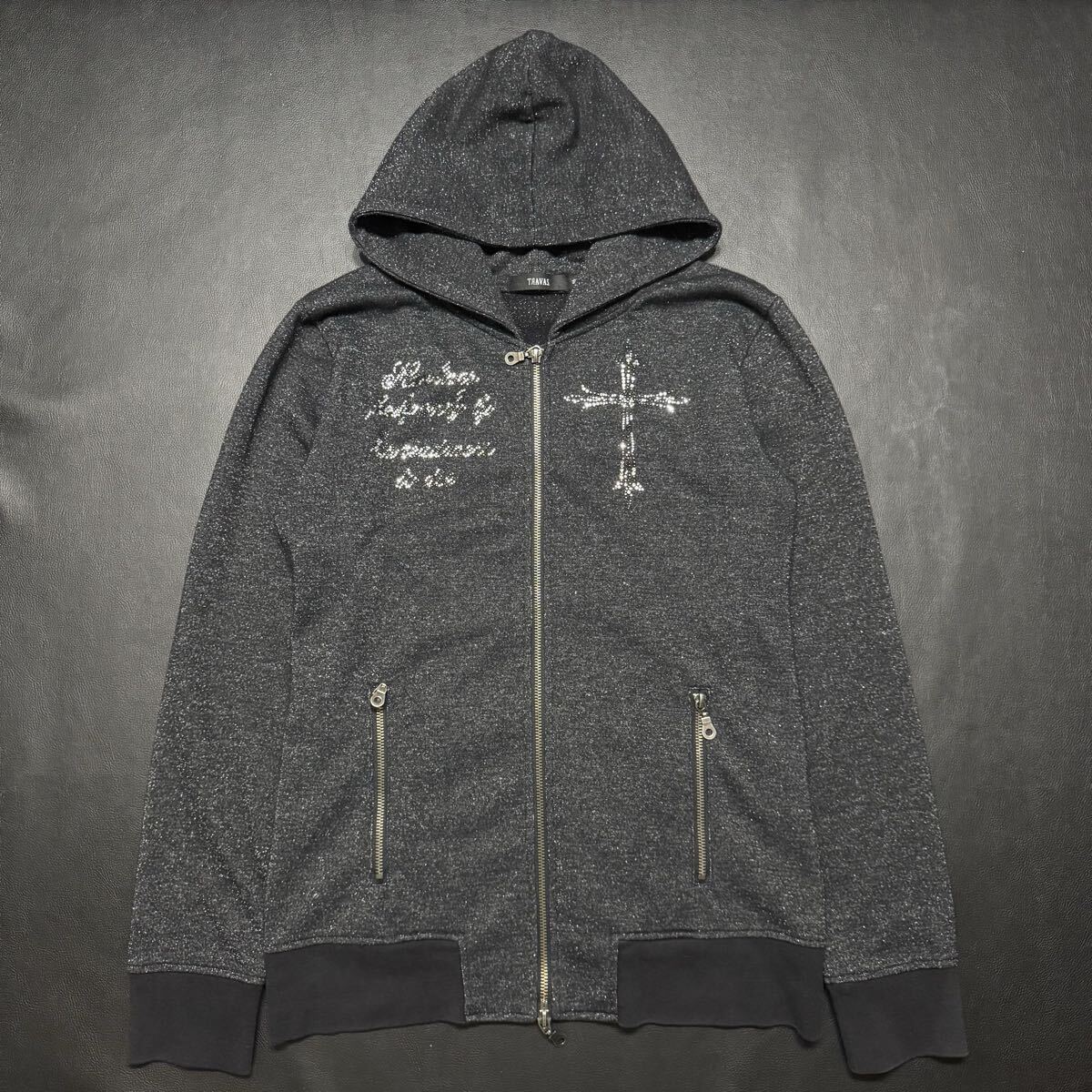 希少【TRAVAS トラバス】y2k archive embroidery midas lam/zip fuga parka/blk zipラインストーン/ダブルジップ/スウェット パーカー