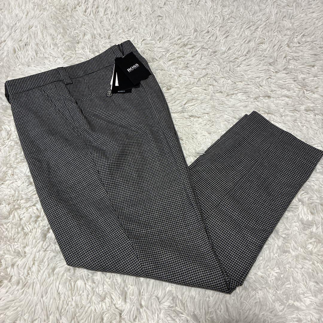 HUGO BOSS【未使用タグ付!!!近年モデル!!!】ヒューゴボス スラックス パンツ ストレッチ 千鳥格子◎格上紳士の相棒!!!◎グレー L寸 メンズ