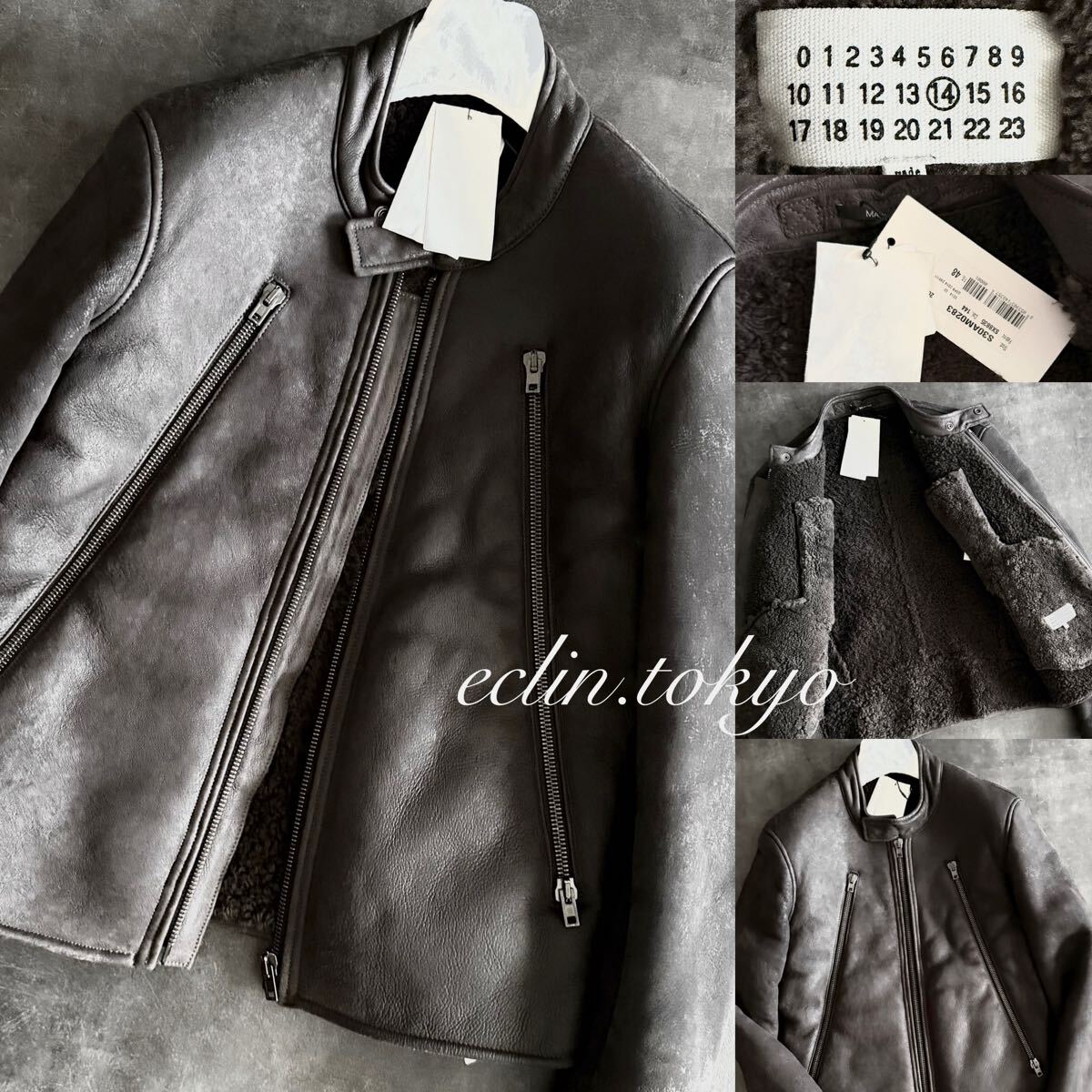 【E4855】幻！未使用品 Martin Margiela 14 マルタンマルジェラ《超稀少 肉厚ムートン毛皮ファー》八の字ZIP レザー ライダース ジャケット
