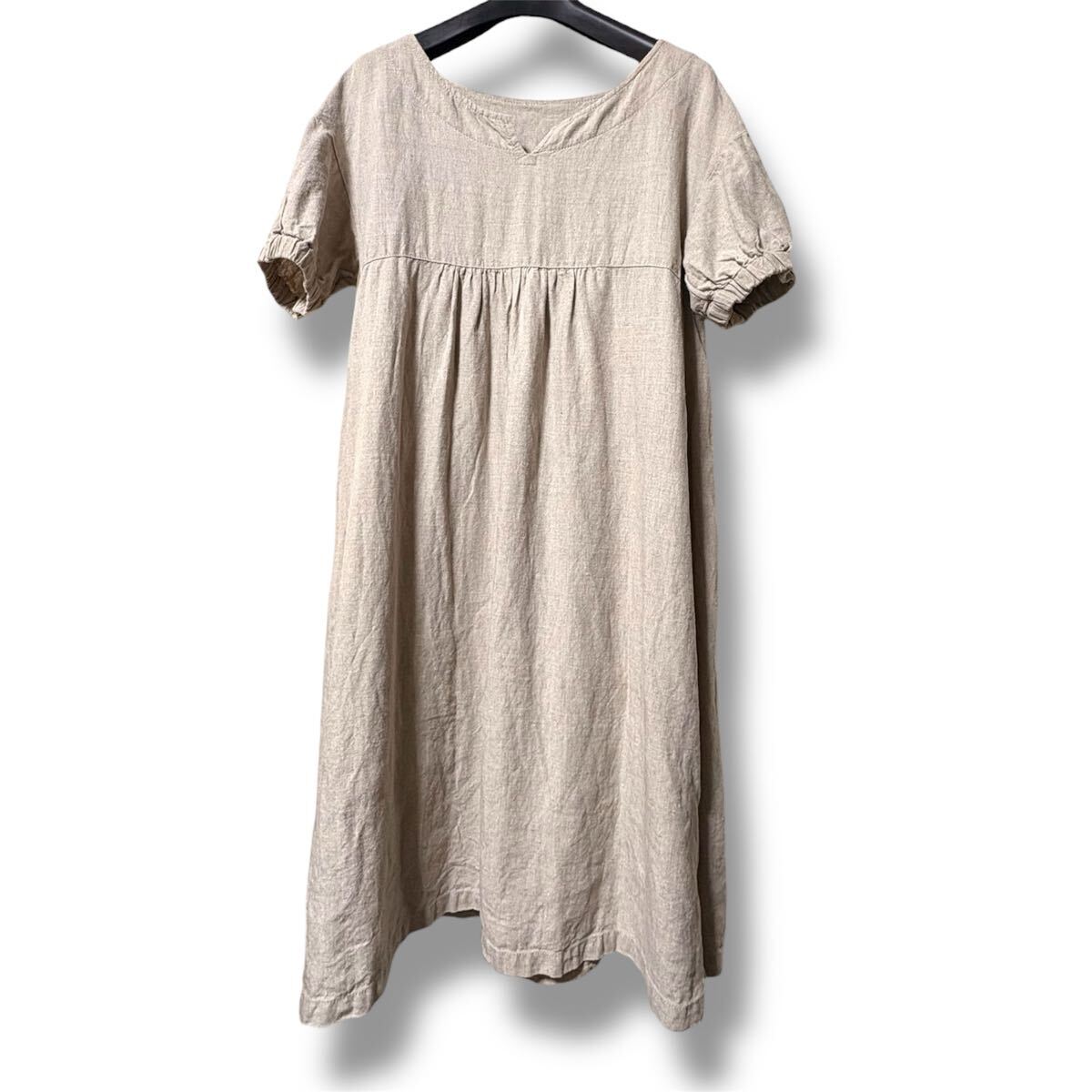 美品 chambre de nimes シャンブルドニーム 麻素材 ベージュ系カラー 無地 半袖 ワンピース