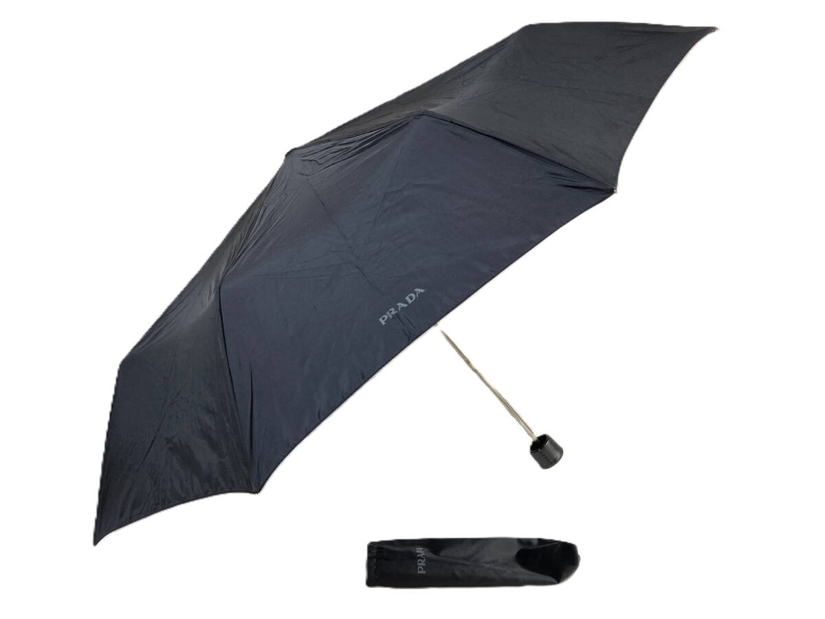 プラダ　PRADA　雨傘　折り畳み傘　晴雨兼用　レザーハンドル　黒　親骨の長さ：54cm　YZ-931