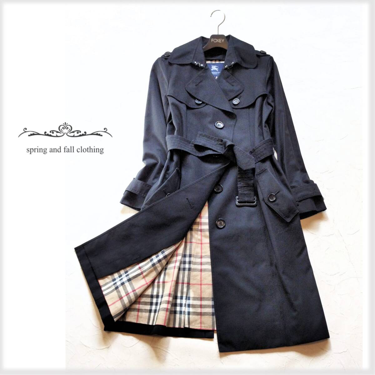 ＊ BURBERRY LONDON バーバリーロンドン＊コットンギャバ 裏ハウスチェック シングル トレンチコート♪黒40（L）レディース【ライナー欠】