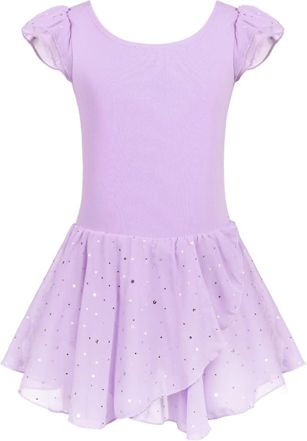 バレエ レオタード 子供 肩フリル袖 バレエ 衣装 Uネックバック シフォンスカート付き 綿生地 無地 サイズ100cm DD0814