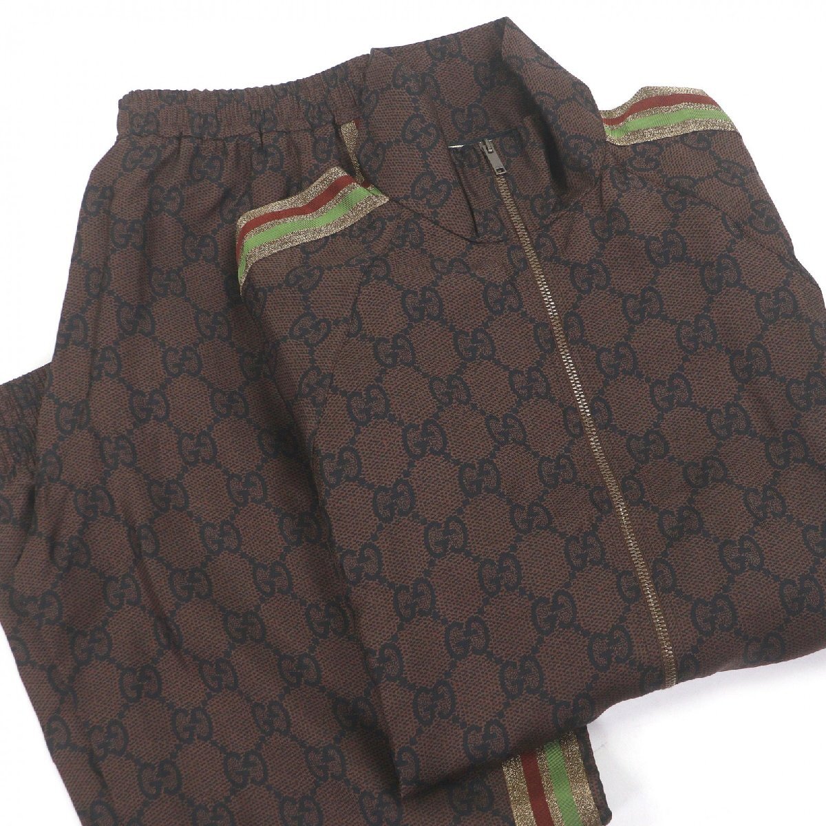 未使用品□GUCCI グッチ 625007 シルク ウェブストライプ GGスプリーム トラックジャケット パンツ セットアップ XL イタリア製 正規品