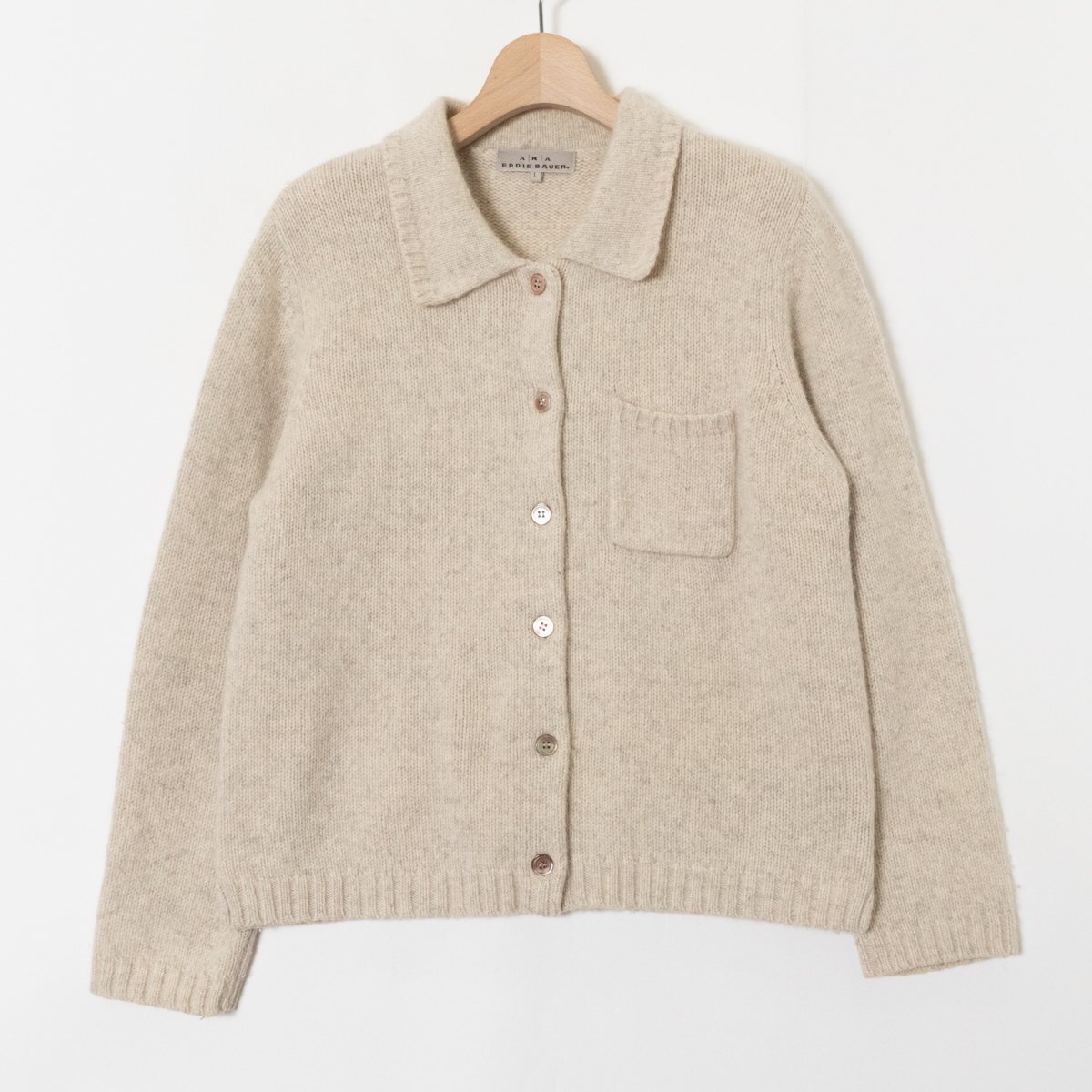 AKA Eddie Bauer エーケーエーエディー バウアー 襟付き ニット カーディガン L アンゴラ混 ウール ライトベージュ系 レディース 婦人 羽織
