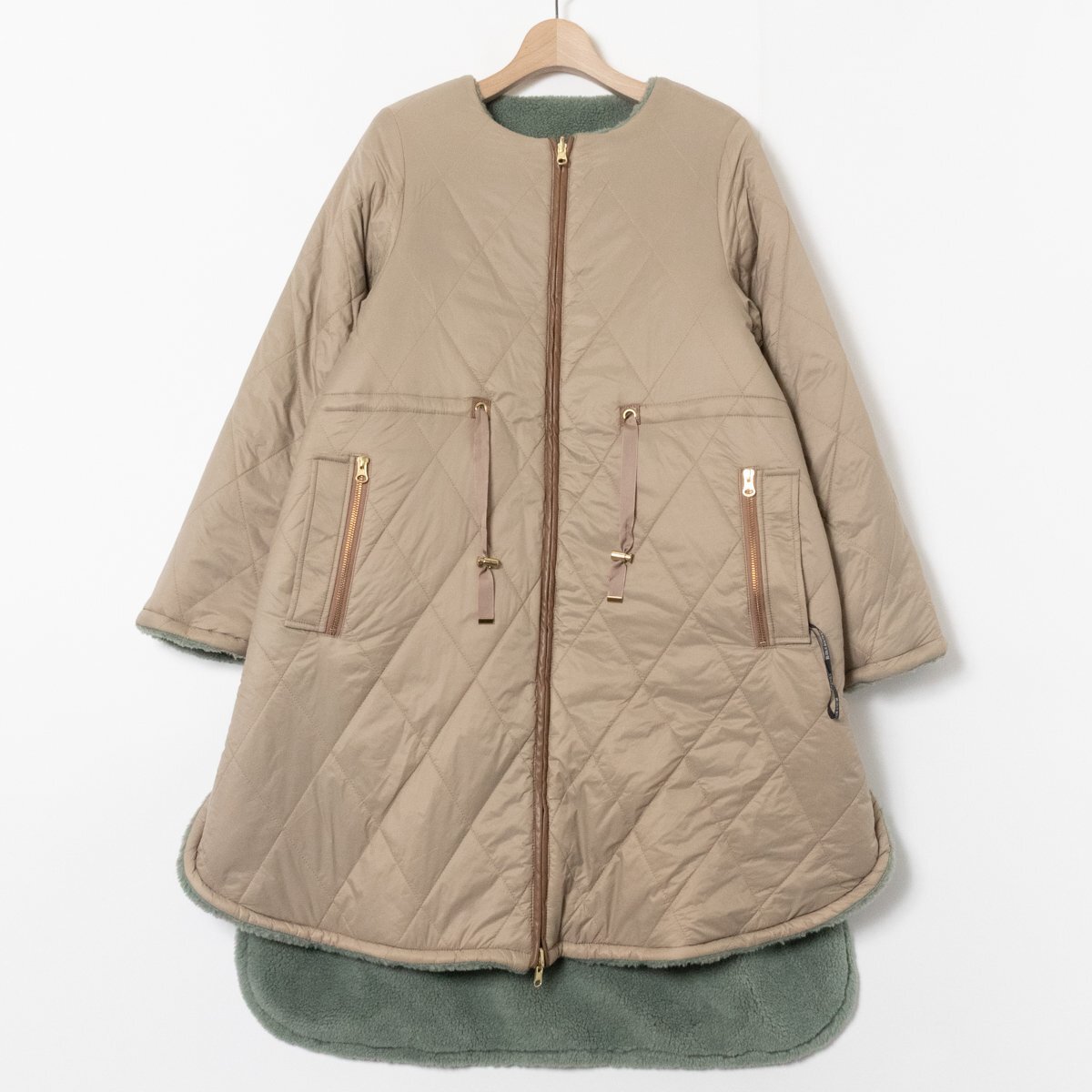 RUIRUE BOUTIQUE ルイルエブティック リバーシブルノーカラーコート M ベージュ×グリーン キルティング ボア アウター 秋冬 レディース