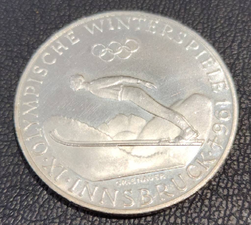【SB9611】1964年　オーストリア インスブルック 冬季オリンピック 50シリング銀貨 直径約34.00mm 重量約20.2g 厚み約2.40mm