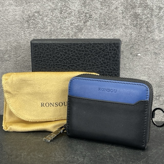 送料無料 未使用 RONSOU 本革 コインケース 小銭入れ カードケース 財布 ブラック×ブルー / 600433 在★14