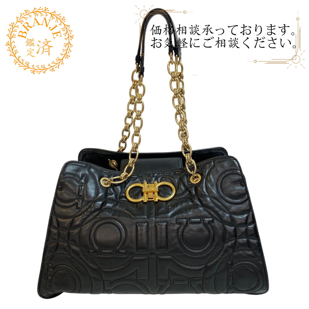 Salvatore Ferragamo サルヴァトーレフェラガモ キルティングチェーンハンドバッグ ガンチーニ レザー ハンドバッグ ブラック レディース