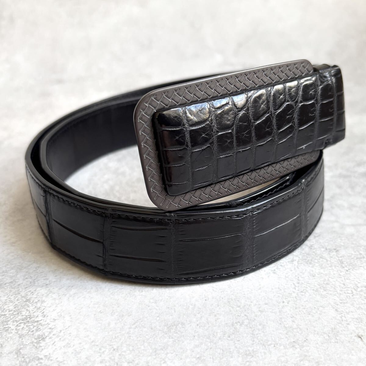 【極美品】BOTTEGA VENETA ボッテガヴェネタ リアルクロコダイル ワニ 鰐 メンズ ベルト レザー ブラック 黒 幅90cm クロコ ビジネス