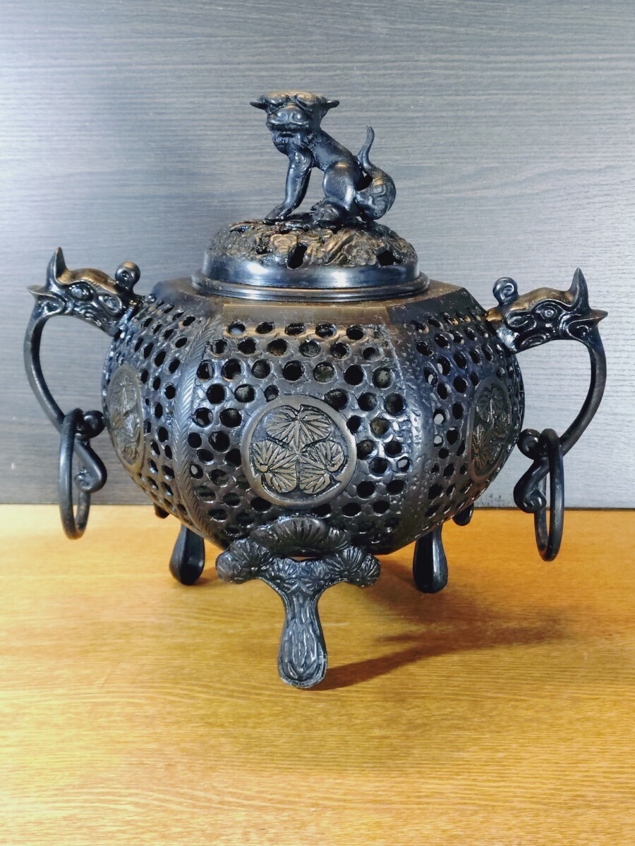 大明宣徳 香炉 三足 獅子 置物 銅製