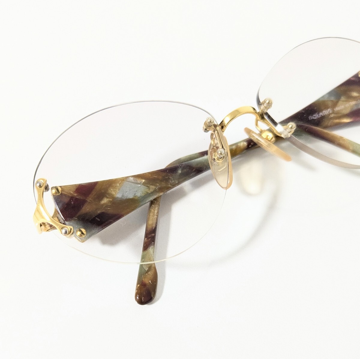  《 POLARIS 》ポラリス　リムレスメガネ 縁無し 度入り眼鏡　ボストンシェイプ型　総柄キャメルブラウン×ゴールドカラー　美品