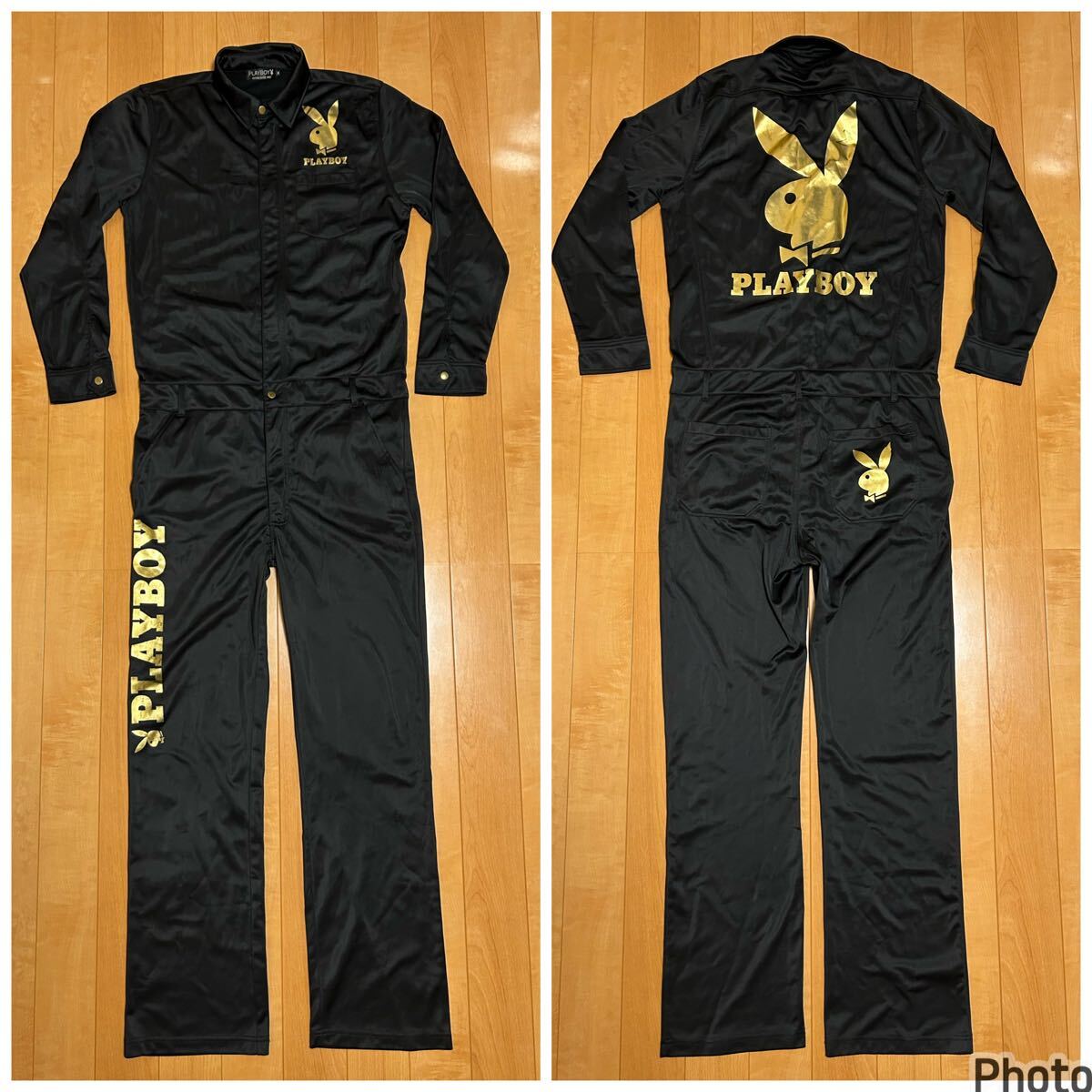 良品☆PLAYBOY／プレイボーイ メンズサイズM.股下長め　希少.ジャージ生地・長袖ツナギ/黒つなぎ　背面超BIGマーク入&正面.サイドロゴ入！
