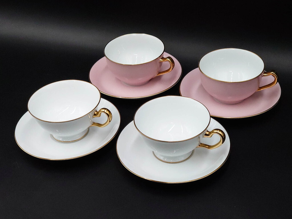R-086450　大倉陶園(OKURA/OAC)　色蒔き(ピンク)　ゴールドライン(リムシェープ)　カップ&ソーサー4客セット(C&S,洋食器,金彩)