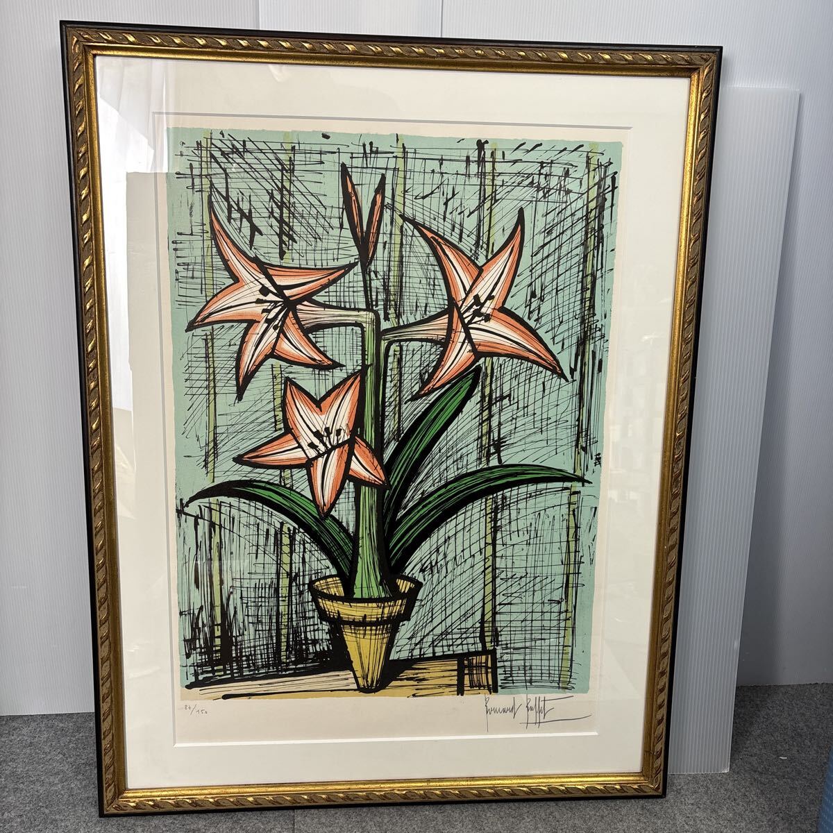 X944 真作　ベルナール・ビュッフェ　Bernard Buffet「アマリリス」リトグラフ 大作 直筆サイン 大判人気作 額装