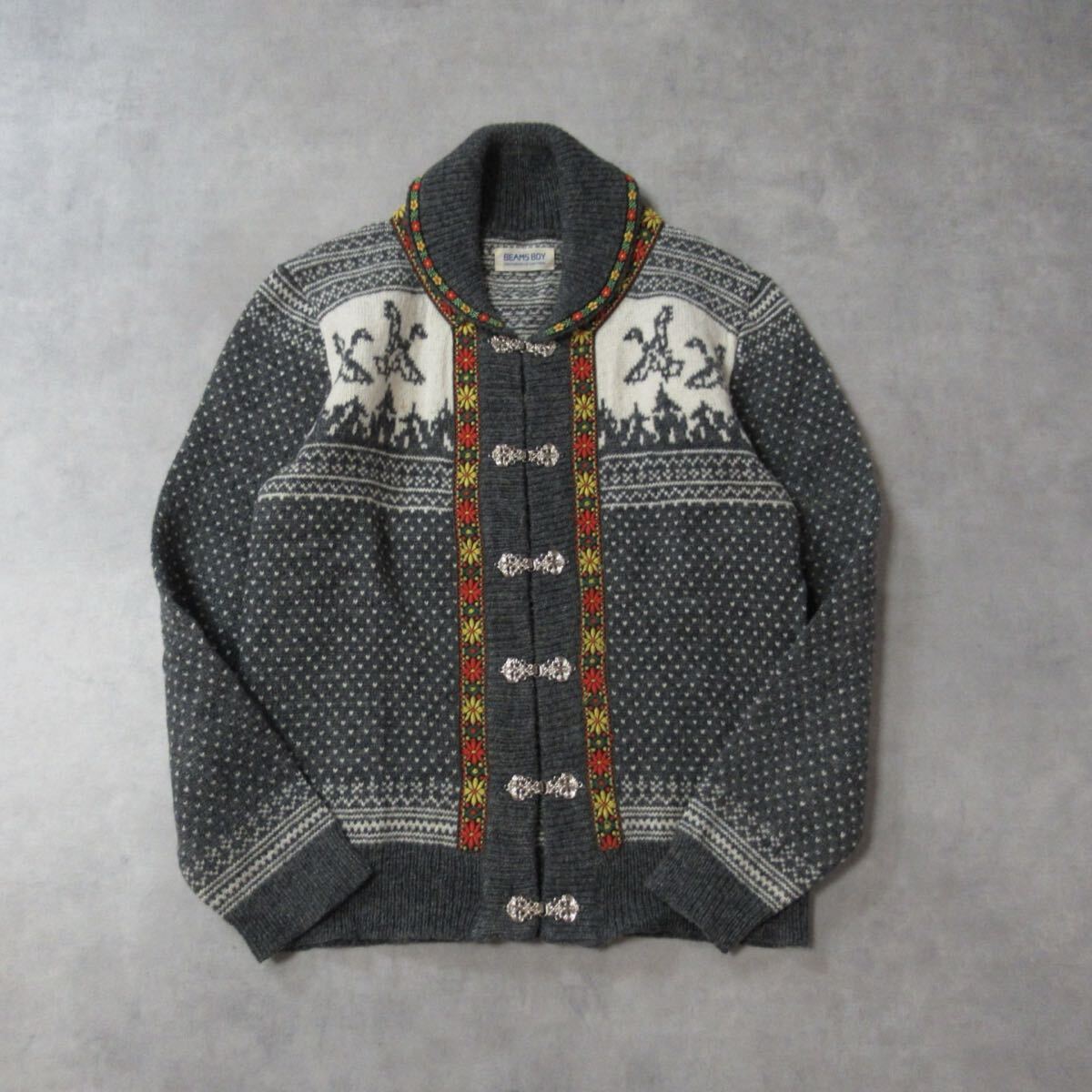 【 BEAMS BOY 】 / ビームスボーイ ウール ニット ジャケット カーディガン ノルディック柄 レディース M-Lサイズ セーター ショールカラー