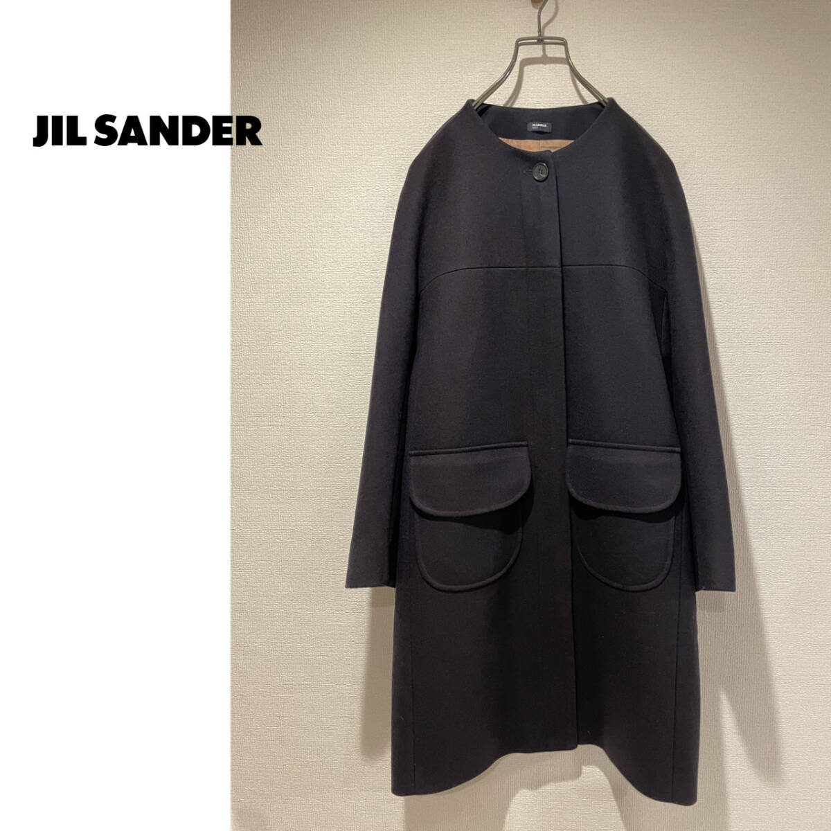 ◯ イタリア製 JIL SANDER ノーカラー ウール コート / ジルサンダー ステンカラー ラウンドネック ネイビー 紺 36 Ladies #Sirchive