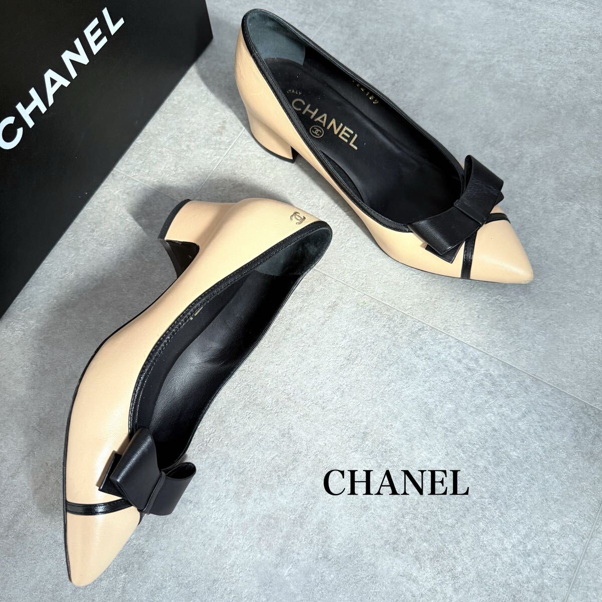 CHANEL シャネル ココマーク リボン レザー パンプス バイカラー ベージュ ブラック 35 レディースシューズ 35cm