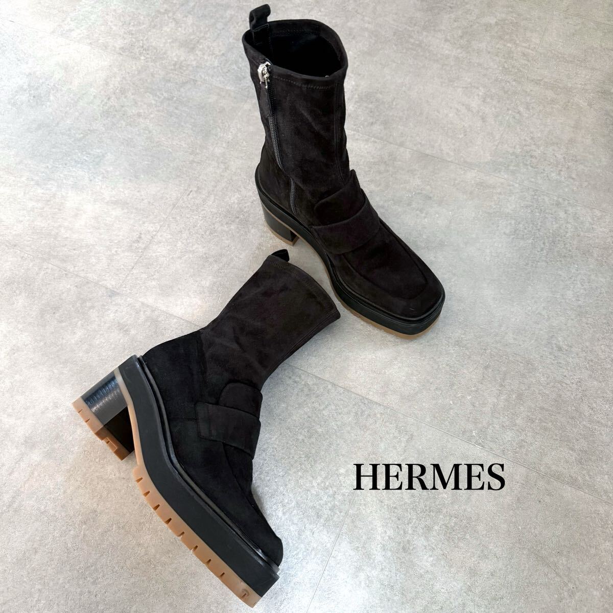 美品 HERMES エルメス フローレンス サイドジップブーツ スエード ブラック 黒 35 レディースシューズ 22cm