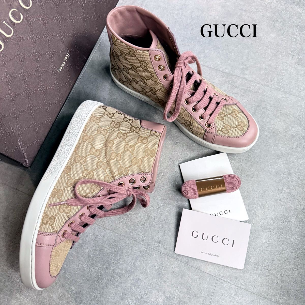 美品 GUCCI グッチ GGキャンバス　ハイカットスニーカー ピンク レザー 38 レディースシューズ 25cm