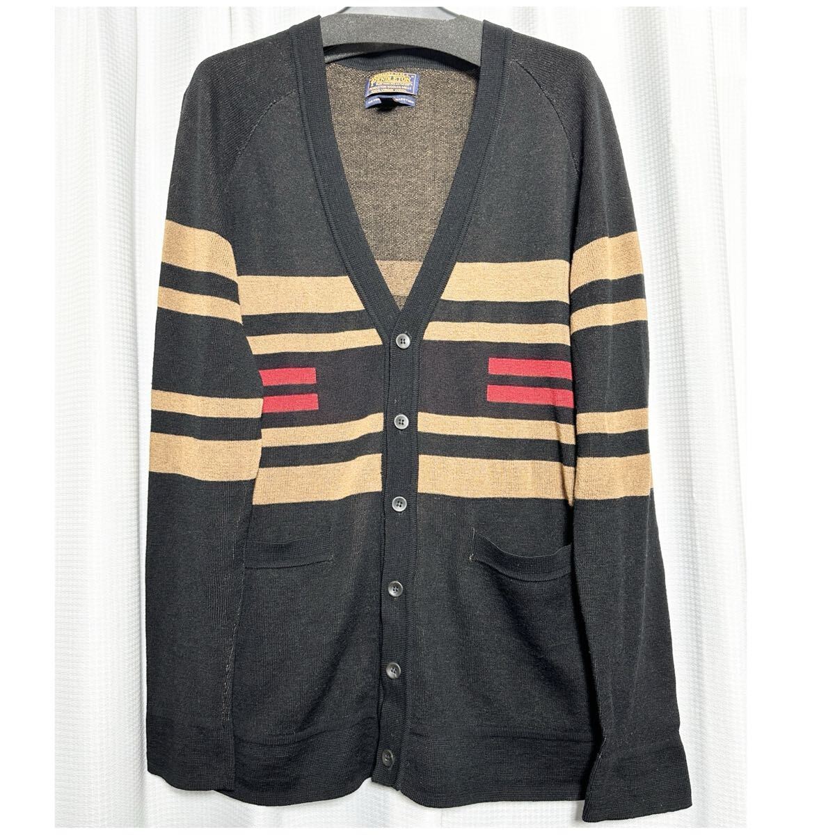 □/PENDLETON/ペンドルトン/美品/Lサイズ/薄手/ウール/Vネックカーディガン/春物/ボーダー柄/ブラック×ベージュ×レッド/黒×茶色×赤/