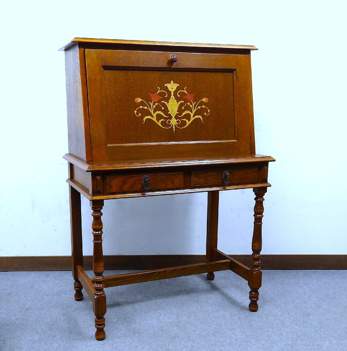 良品♪ 三越家具 COUNTRY HOUSE ライティングデスク オーク材 象嵌 ビューロー 英国家具風 カントリーハウス 花柄　ブルージュ