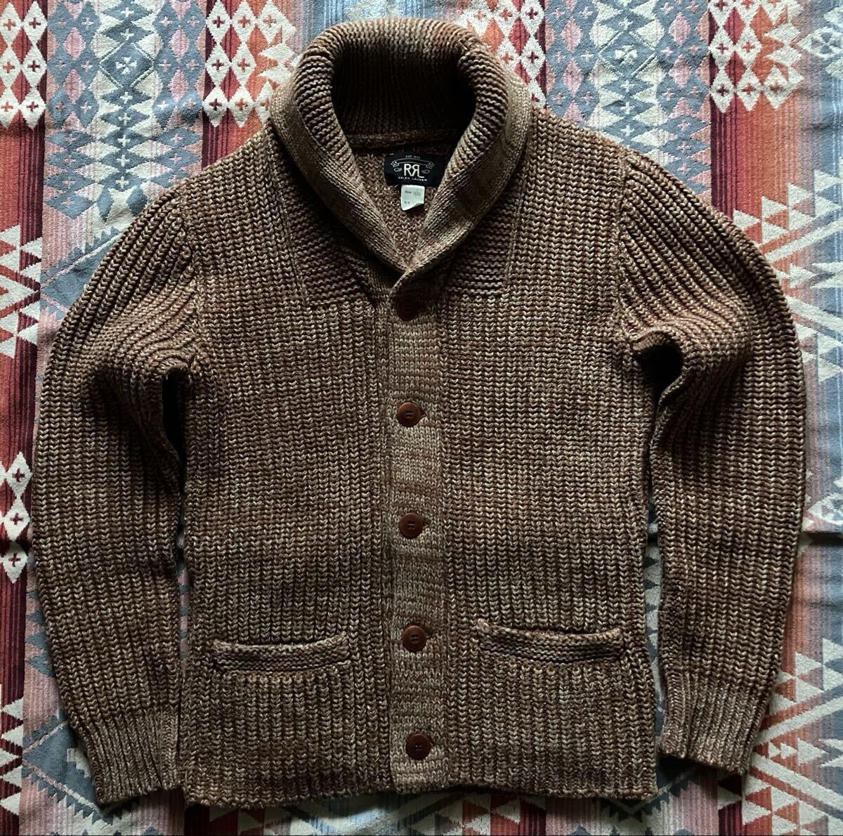 【傑作】RRL ダブルアールエル USA アメリカ製 ショールカラー カーディガン セーター S ポロ ラルフローレン デニム レザー ジャケット