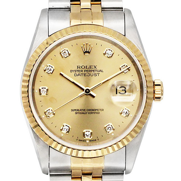 ロレックス ROLEX デイトジャスト 16233G シャンパン文字盤 SS/YG 10Pダイヤ メンズ腕時計 自動巻き ウォッチ 男性 プレゼント ブランド