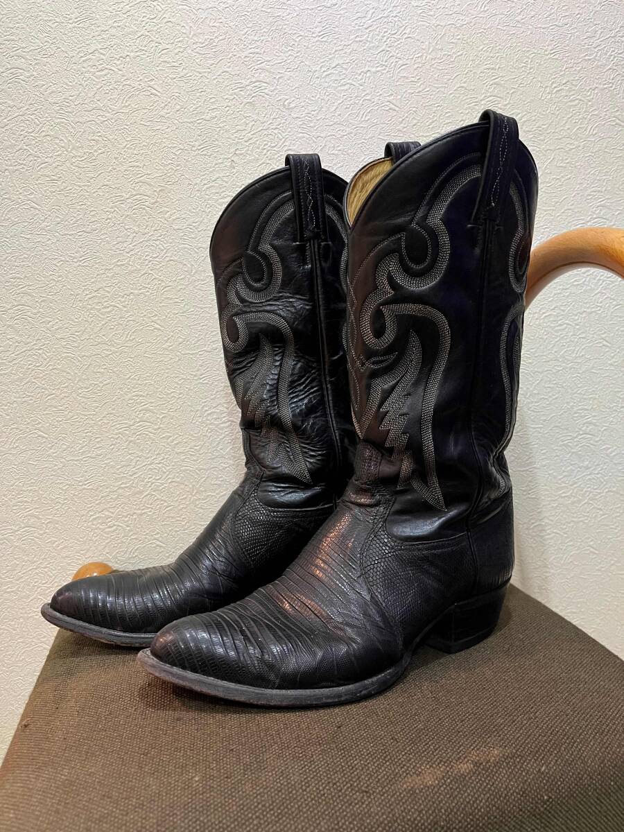 Tony Lama トニーラマ 1993年ハワイパニオロ購入 REG NO 26515099 STYLE 8571 リザードスキン トカゲ革 US8EE 26cm 黒 ほつれあり中古 美品