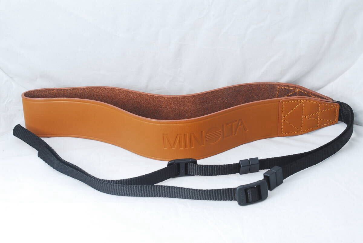 ☆未使用☆MINOLTA ミノルタ カメラ ストラップ 本革製 レザー キャメル ブラウン 茶色 型押し文字 ネック ショルダー Camera Strap☆