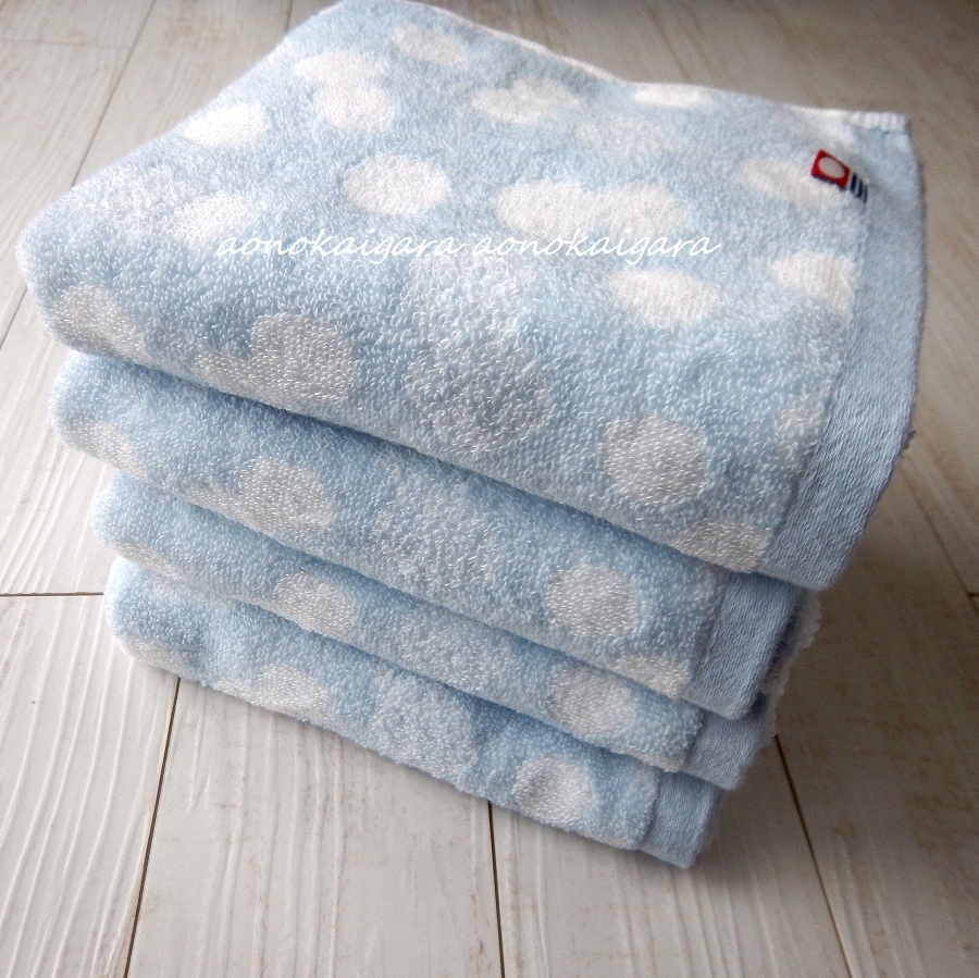 新品●今治タオル●無撚糸＆甘撚り糸●ふわふわ●柔らか●ドット●水玉●フェイスタオル４枚●ブルー系