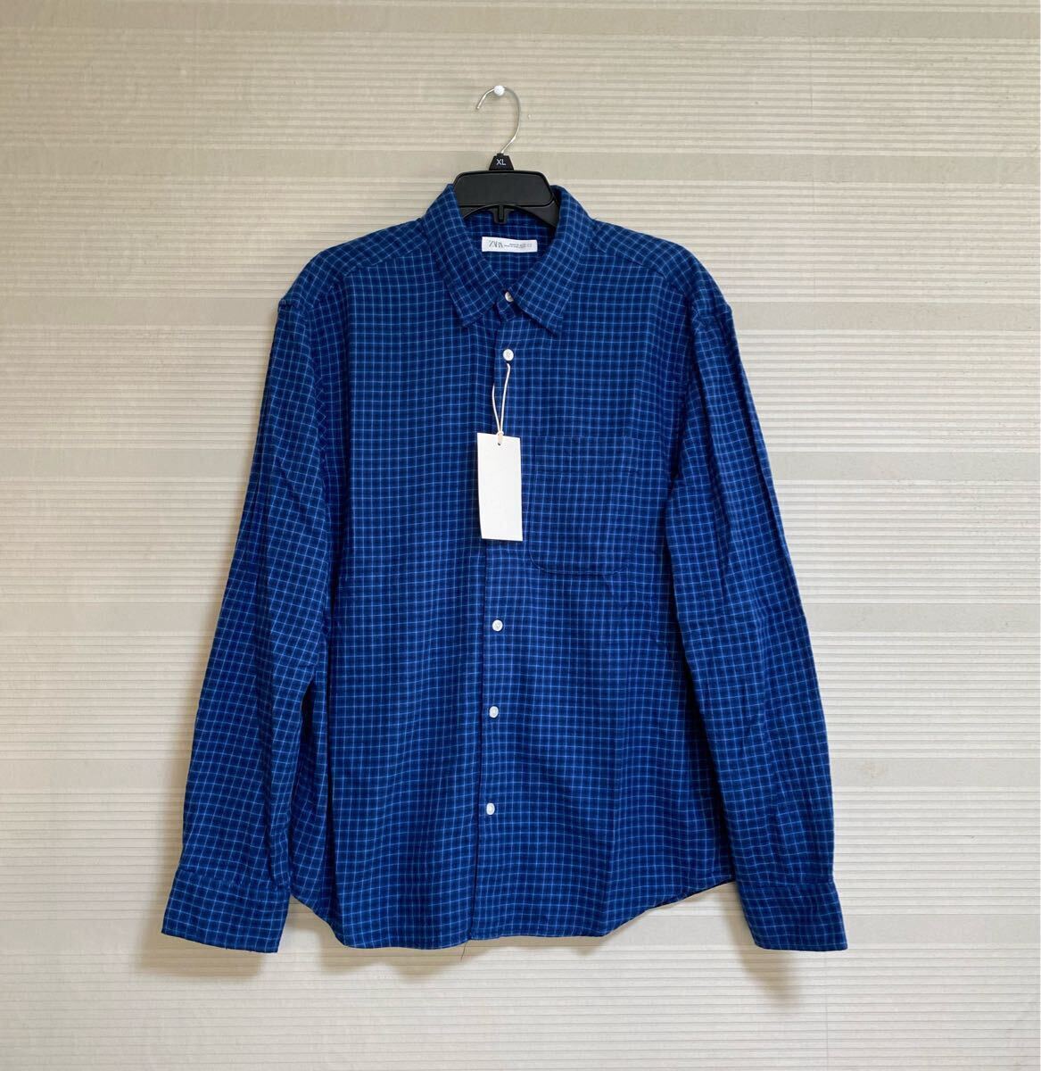 新品 正規品 ZARA メンズ 長袖シャツ 綿100% 青 チェック コットン