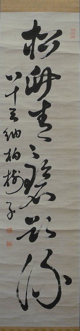 ★高津柏樹〔松竹青々碧欲流〕黄檗宗 万福寺管長 柏樹 柏樹子 茶掛け 禅語 掛軸 掛け軸 紙に墨 骨牙軸 合箱 中古 Japanese hanging scrol