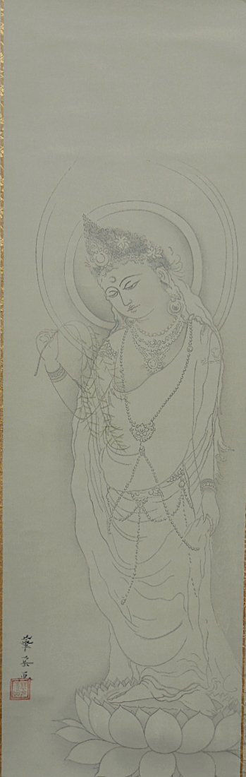 ★ 村上華岳 木版画 楊柳観音 仏画 掛け軸 Japanese woodblock print 限定285部 京都芳中庵 Japanese hanging scroll 中古