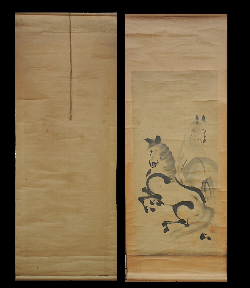 ★ 曠斎 双馬図 掛軸 掛け軸 紙に墨彩色 墨絵 中古 箱なし Hanging scroll 現状お渡し