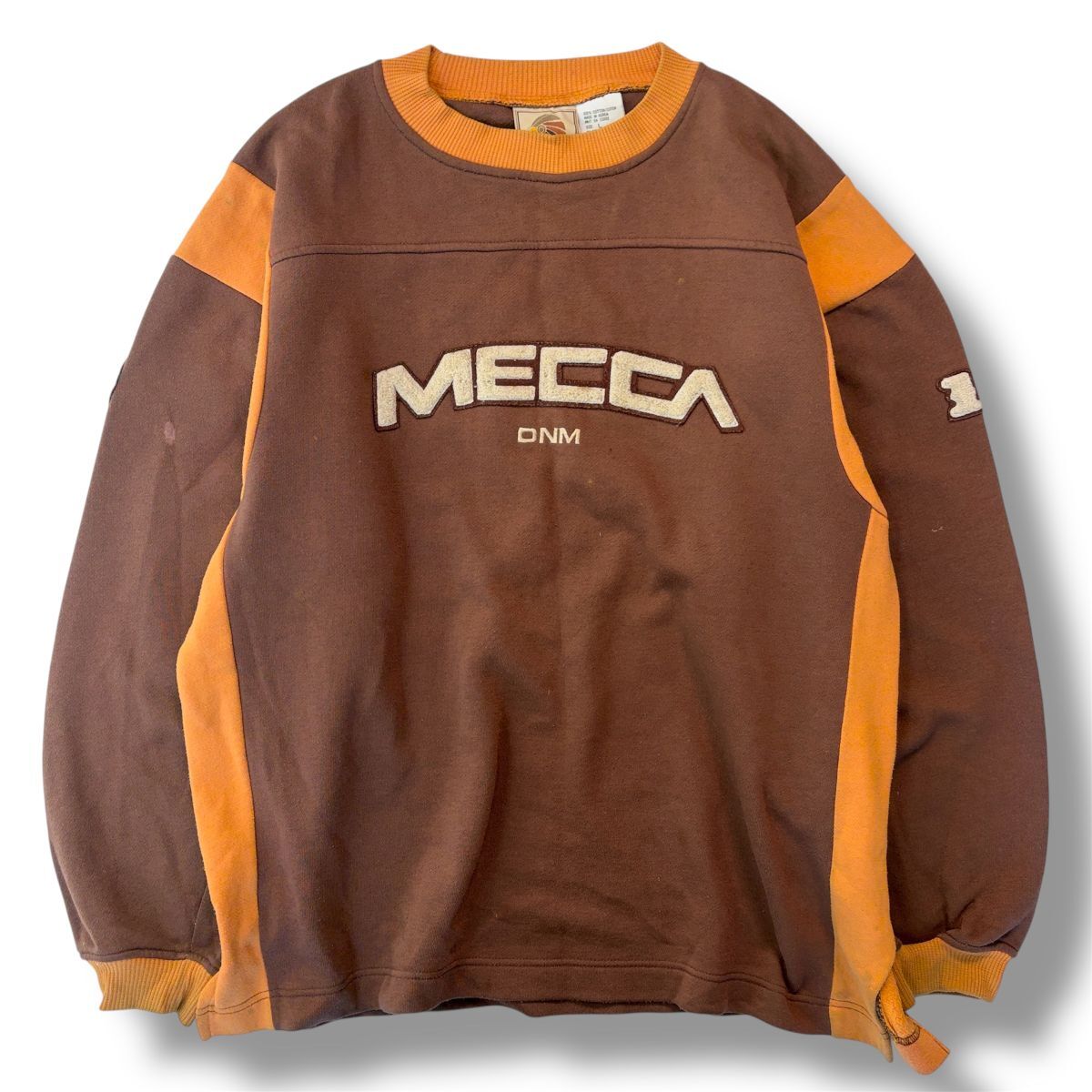 希少★90's MECCA メッカ 2トーン クルーネック スウェット シャツ トレーナー ブラウン/イエロー L HIPHOP ストリート ヴィンテージ