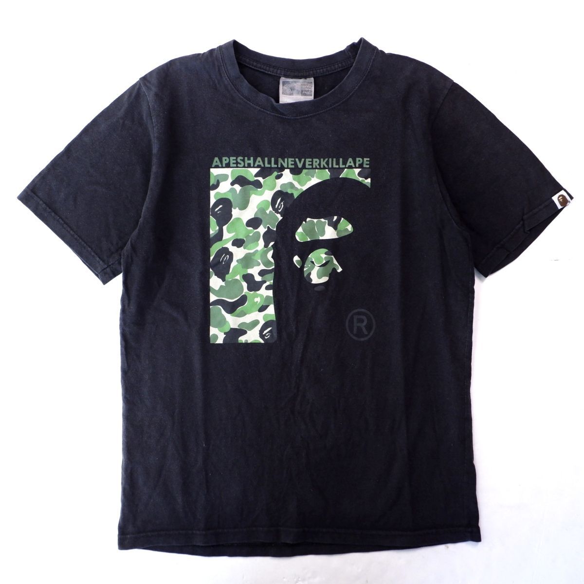 超希少★ 90’s 旧タグ A BATHING APE ア ベイシング エイプ メンズ ロゴ カモフラ柄 Tシャツ 半袖 黒 Mサイズ相当 OLD エイプ アーカイブ